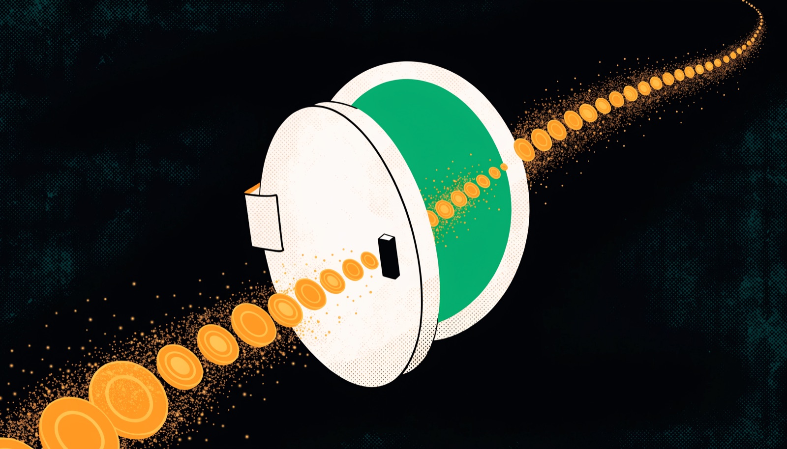 Editorial illustration: an open vault door with a stream of coins siphoning away into the dark