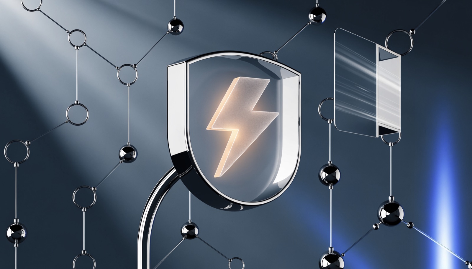 Editorial illustration: a glass lightning bolt inside a chrome shield dome, surrounded by a web of connected nodes